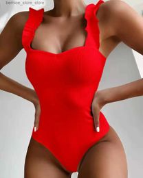 Women's Swimwear Gossina 2024 New Sexy Womens Swimsuit Vintage One piece Ruffle Push Up Pure Red Monokini Apron Q240306