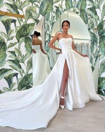 Plus Size Fabulous A Line Wedding Dresses Woen Strapless Satin Pleats Draped High Side Split Chapel Train Bridal Gown Second Reception Dress For Weddding