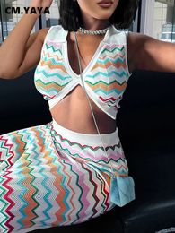 CMYAYA 2024 Summer Womens Sets Sleeveless Knitted Crop Top and Elastic Waist Split Skirts Sexy Dress 2 Two Piece Beach 240229