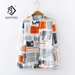 Shirt 2020 Summer New Women Newspaper Print Chiffon Blouse Autumn Long Sleeve Shirt Vintage Tops Casual Wear Feminina Blusa T02808Y