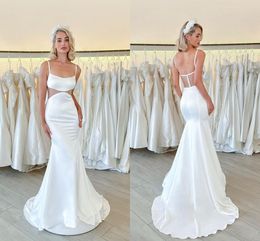 Pretty Simple Plus Size Mermaid Wedding Dresses for Women Spaghetti Straps Backless Pleats Draped Satin Sweep Train Bridal Gowns Vestidos De Noiva Custom Made