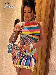 Dress Joskaa Rainbow Print Mini Dresses Female Hipster Unique Off Shoulder Bodycon Dress for Women 2022 Autumn High Street Clothes