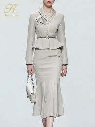 Suits H Han Queen New Women 2022 Autumn Casual 2 Pieces Set SingleBreasted Tops + Simple Mermaid Skirt Korean Profession Skirt Suit