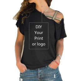 T-shirt Customized Print T Shirt for Women DIY Your like Photo or Logo Top Tshirt Femme Irregular Skew Cross Bandage Size S5XL Tees