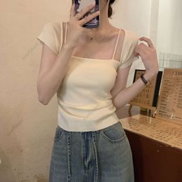 2023 Summer New Korean Version Slim Fit Style Square Neck Design Sense Knitwear Short sleeved Female Student Top Instagram Trendy
