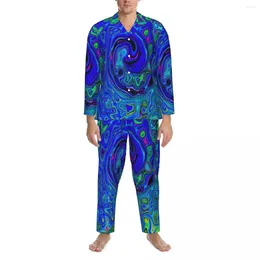 Men's Sleepwear Hippy Violet Print Autumn Abstract Liquid Swirl Retro Oversized Pajama Set Man Long Sleeves Bedroom Graphic Home Suit