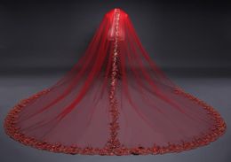 Red Soft Tulle Bridal Veils Lace Appliques Sequins One Layer Cathedral Wedding Veil With Combs Custom Length Veils For Brides7046691