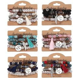 Women Bohemian Designer Stackable Bead Bracelets for Girl Multilayered wing Bracelet Pendant Charm colours tassel Stretch Bangles 4pcs set