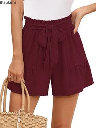 Women's Shorts 2024 Ruched Elastic High Waist Pants Skirts Summer Bohemian Lace-up Ruffles Loose Women