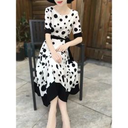 Dress 2023 New Summer Korean Fashion Polka Dot Oneck Short Sleeve Elegant Dress Ladies Fashionable Patchwork Printing Aline Skirt