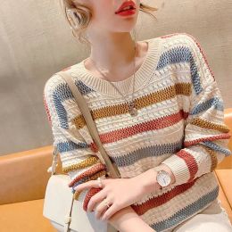 Pullovers Women Spring and Autumn Korean Style New Crew Neck Pullovers Knitwear Colour Striped Hollow Out Loose Long Sleeve Sweater