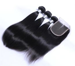 Brazilian Straight Hair Weaves 3Bundles with Closure Middle 3 Part Double Weft Human Hair Extensions Dyeable 100gbundle7361448