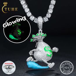 Glow in the Dark Bling Dollar Money Bag Pendant Necklace 925 Silver Lab Moissanite Diamond Iced Out Hip Hop Jewellery