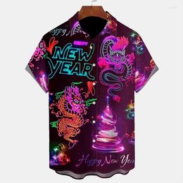 Men's Casual Shirts 2024 Year Shirt 3d Happy Print Hawaiian For Men Colourful Short Sleeve Loose Oversized Top