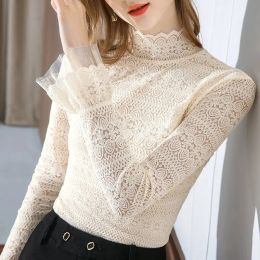 Blouse Women Blouse Autumn Winter Turtleneck Lace Long Sleeve Top Bell Sleeve Women Blusas Ropa De Mujer