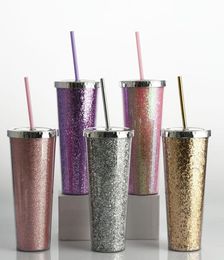 6PCS 24oz Glitter Straight Plastic Straw Cup with Lid Sports Water Bottle Coated Sequinse Shinny Coffee Ice Water Milk Mug Bar Par7701135