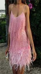 Casual Dresses Retro Pink Feather Tassel Flapper Dress Summer Women Short Sleeveless Shift Mini Cocktail Prom Gown Latin Fringe Dr8794064