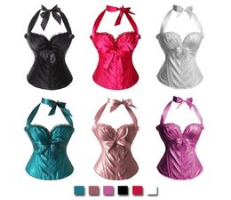 Women Victorian Side Zipper Satin Halter Overbust Corset Laceup Padded Bustier with Bow Accent Fashion Bridal Lingerie Multicolor2647226