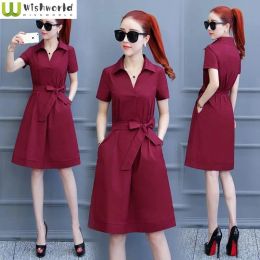 Dress Korean Style Bow Belt Decorated Suit Collar Cheap Casual Women's Dresses Summer Leisure Elegant Party Dresses for Women 2023