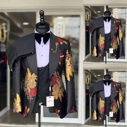 Fashion Wedding Tuxedos Men Suits Floral Pattern One Button Shawl Lapel Customised 3 Pieces Groom Wear Blazer Vest Pant