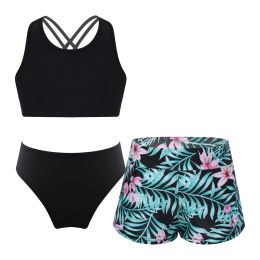 Swimwear Kids Girls Swimsuit Swimwear Outfits Sleeveless Crop Top with Printed Shorts and Briefs for Beachwear Swim Bikini Bathing Suits