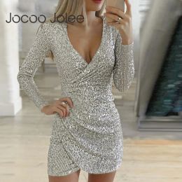 Dress Jocoo Jolee Women Sexy Silver Glitter Dress Elegant Deep V Neck Sequin Mini Bodycon Dress Spring Long Sleeve Party Club Dresses