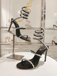 Elegant Brand Women Rene Caovilla Cleo Sandals Shoes Beads Strappy Spiral Wraps Stiletto Heels Lady Party Wedding Gladiator Sandalias EU35-43