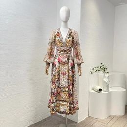Casual Dresses 2024 Arrival Top Quality Elastic High Waist Floral Print Long Sleeve Silk Spring Summer Midi Dress For Women