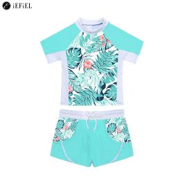 Swimwear Kids Girls 2 Piece Rash Guard Set Swimwear Floral Print Short Sleeve Swim Shirt with Booty Shorts Tankini Swimsuit Bathing Suit