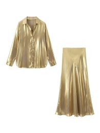 Suits HH TRAF 2024 Female Fashion Gold Blouse Skirt Set Elegant Metallic High Waist Pleated Midi Skirt Women Casual Lapel Shirt Suit