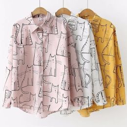 Shirt Women Turn Down Collar Long Sleeve Shirt Cute Cat Print Loose Casual Blosues Tops