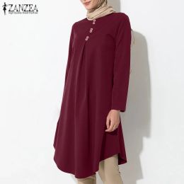 Tops Women's Asymmetrical Blouse ZANZEA 2023 Vintage Muslim Long Shirt Casual Long Sleeve Blusas Female Button Tops Tunic