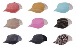 Ponytail Hats 9 Colors Washed Cross Mesh Back Leopard Camo Hollow Messy Bun Baseball Cap Trucker Hat CYZ31542881104