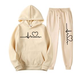 2024 Cross Border Men's and Women's Plush Sweatshirt Set for Autumn and Winter, Men's Heart Picture Hooded Sweater Trendy Brand New Men's Set