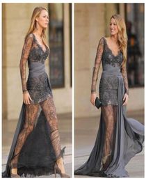 2018 Grey Long Sleeves Lace Evening Dresses Sexy Zuhair Murad Grey Prom Dresses With Chiffon Sweep Train Gossip Girls Formal Eveni8335181