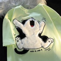 T-shirt Cute Cartoon Cat Plush Embroidery Short Sleeve Women's TShirt Green/White Polyester Material Adorable Embroidered Kawaii