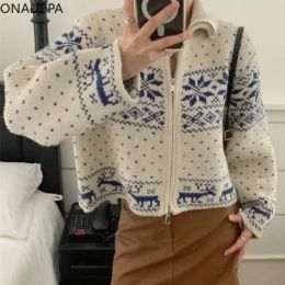 Cardigans Onalippa Gentle Wind Zip Up Knitted Cardigan Contrast Sweet Snowflake Loose Cardigans Korean Fashion Long Sleeves Sweater