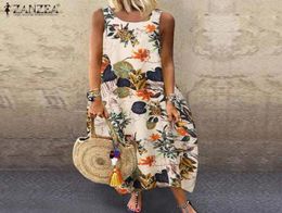 ZANZEA Summer Women Vintage Sleeveless Dress Floral Printed Long Dress Cotton Linen Sundress Baggy Beach Vestido Sarafans 5XL 7 X08915495