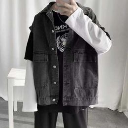 Mens Garment Vest Cowboy Jackets Student Loose Coats Sleeveless Denim Jackets Fashion Trend Blue Colour Outerwear S-2XL 240301