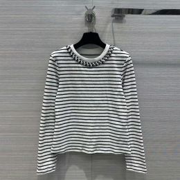 T-shirt 2024 New Spring Sweet Luxury Sequins Beading Oneck Long Sleeve White Stripes Basic Tshirt Women Casual Allmatched Tops Tee