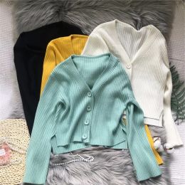 Cardigans Longsleeved Loose Knit Cardigan Sweater Female Thin Section Solid Colour Pit Strip Simple Commuter Vneck Sweater Women Spring