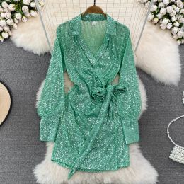 Dress Long Sleeve Elegant Female Women Sexy Holiday Club Sweetie V Neck Sequined Green Chic Vestidos All Match Vintage Popular Dresses