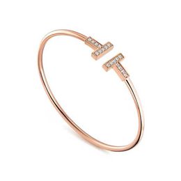 Hot S925 Silver Double T Classic Diamond Open Bracelet Womens Korean Edition Minimalist Design Elegant and Luxury Fashion Instagram Gift 0XNA