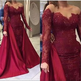 Burgundy Mermaid Evening Dresses With overskirt 2024 Arabic Sheer Neck Sequins Long Sleeves Prom Dress Satin And Lace Party Gowns