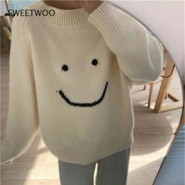 Pullovers Smiley Print Knitted Sweater Women Kawaii Harajuku Pullover Autumn Winter 2021 Cute Long Sleeve Top Casual White Jumper