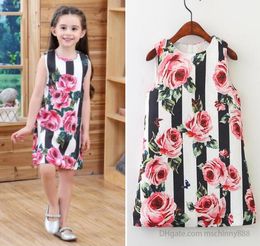 Summer Girls Kids Designer Dress Casual Clothes Short Sleeve Print Striped Rose Princess Baby Girl Dresses Children Clothing Boutique