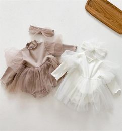 Spring Baby Girls Romper Dress White TUTU New Born Long Sleeve 1st Birthday Infant Toddler With Headband 2pcs Clothing 2268 V29279201