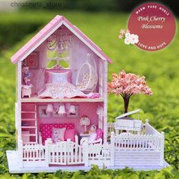 Architecture/DIY House Casa De Boneca Diy Miniature Doll House 3D Wooden Puzzle Dollhouse For Birthday Gift Toys Dolls Houses Pink Cherry Blossoms A036