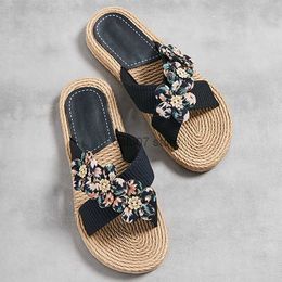 Slippers New Summer One line Womens with Linen Bottom Solid Color Fashion Trend Indoor and Outdoor Six FlowerH240306