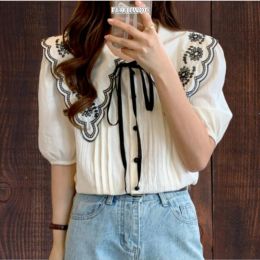 Shirt Hot South Korea Cute Sweet Embroidery Tops Bow Tie Women FLHJLWOC Preppy Style Date Girls Vintage Black White Shirts Blouses